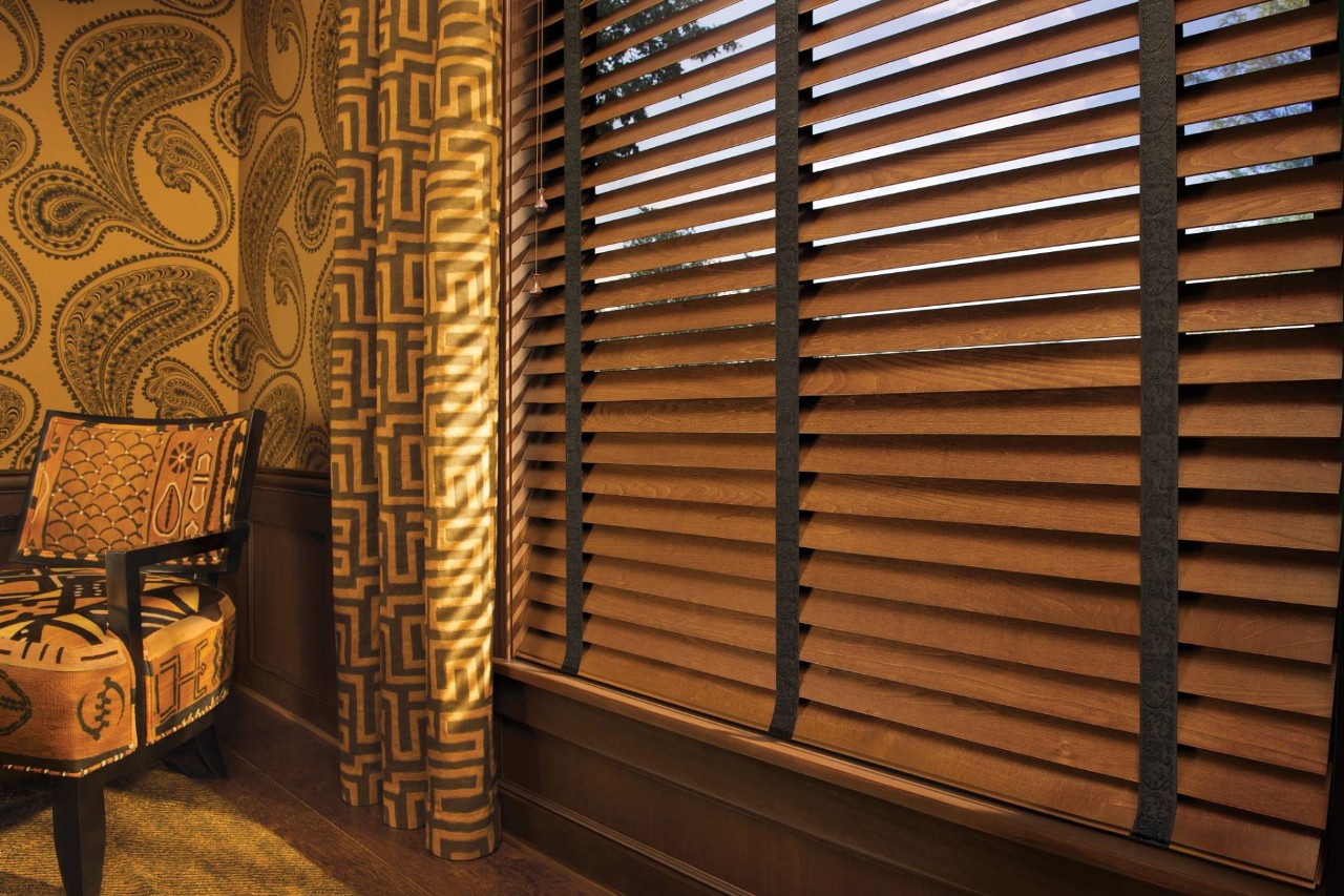 Parkland® Wood Blinds and Cornices in living room near Ann Arbor, MI
