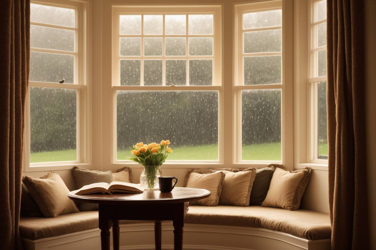 Bay window blinds with a reading and coffee nook near Ann Arbor, Michigan (MI)