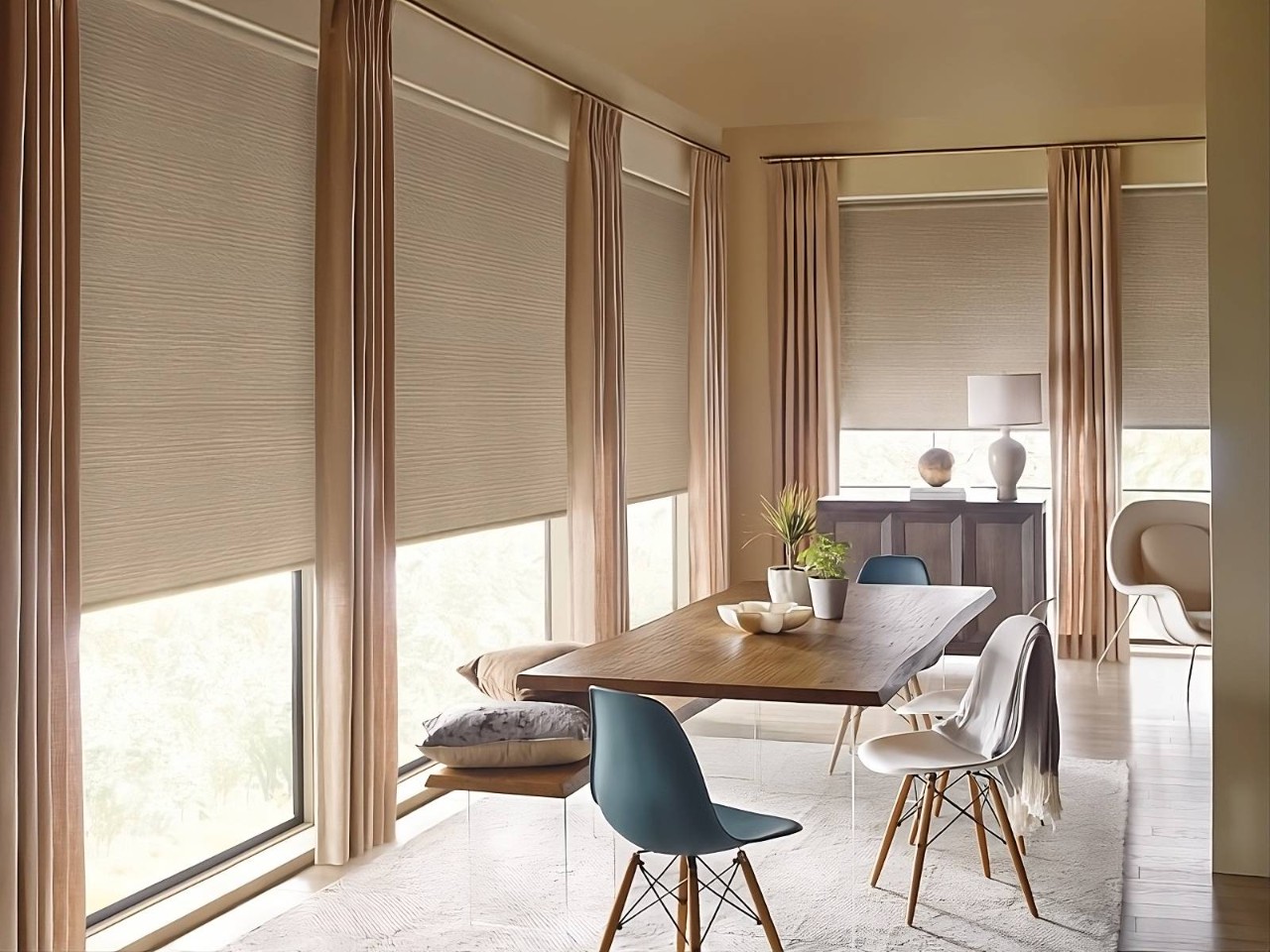 Hunter Douglas Designer Solar Shades on tall, large windows in a warm neutral dining room at Delux Drapery & Shade Co. near Ann Arbor, MI